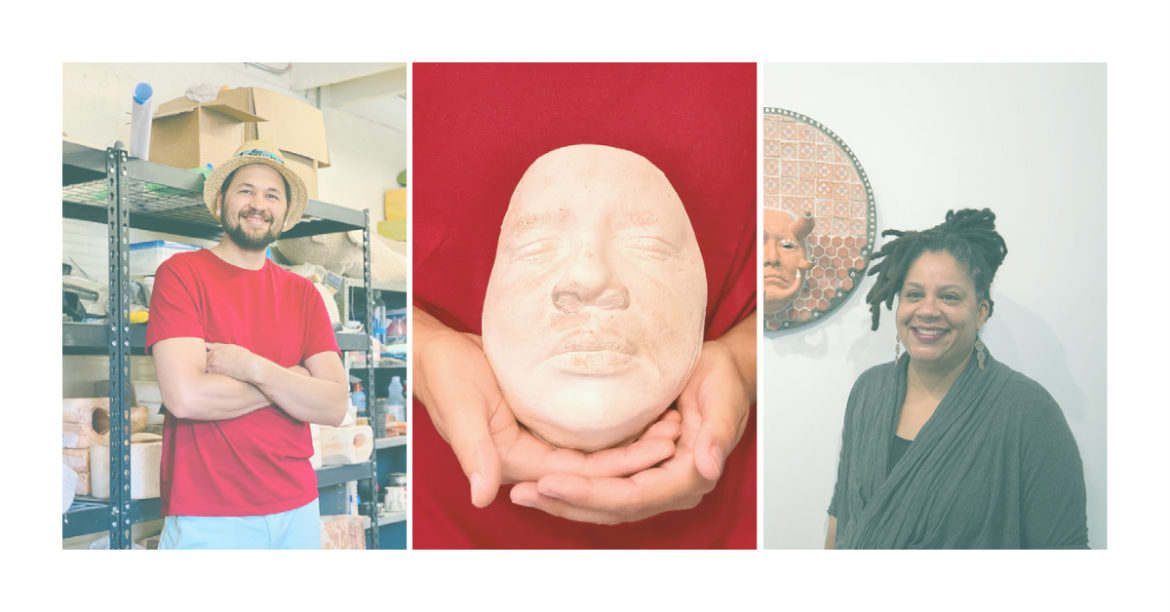 Jonathan Christensen Caballero (left) and Joann Quiñones are two artists and friends who explore complexities of identity within their respective bodies of art. Both use mixed media, such as ceramics and found objects, to explore these themes.