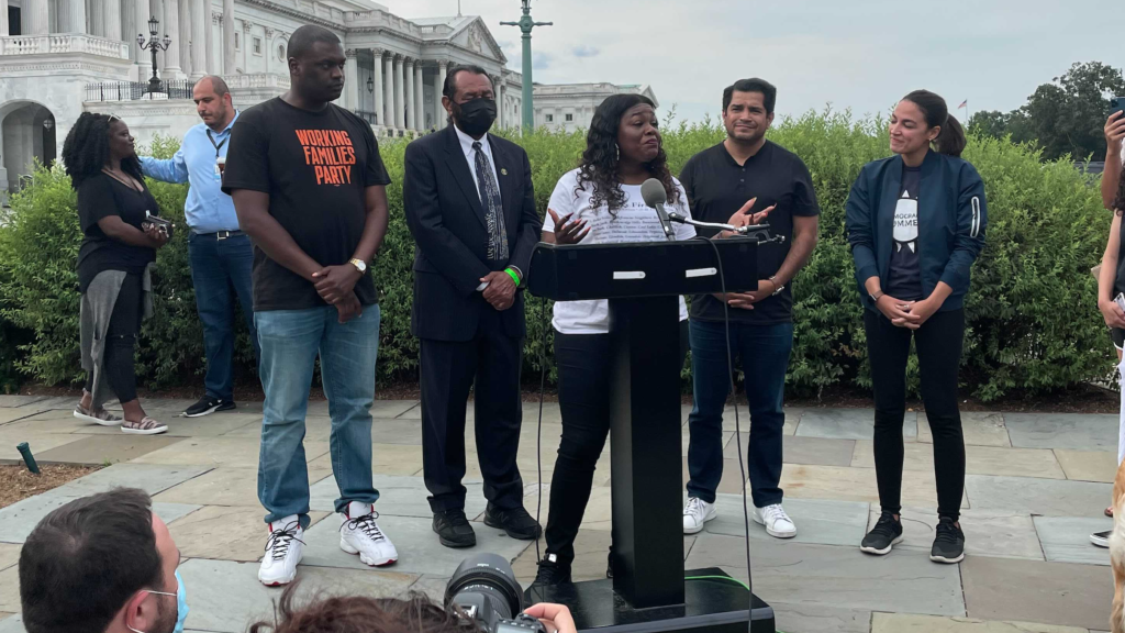 U.S. Rep. Cori Bush, D-Mo., speaks outside the U.S. Capitol, surrounded by (from left) Rep. Mondaire Jones, Rep. Al Green, Reps. Jimmy Gomez and Rep. Alexandria Ocasio-Cortez