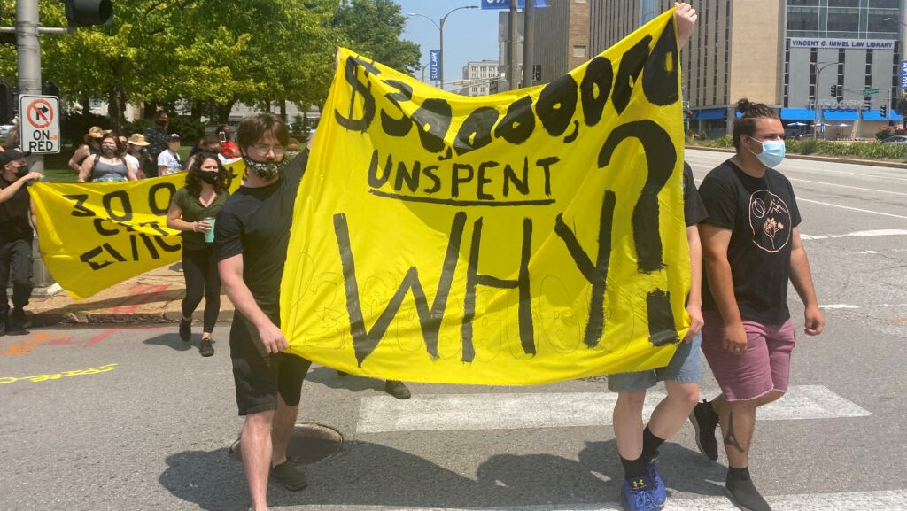 The St. Louis Housing Defense Collective held a rally downtown on Aug. 2, 2021, demanding that housing assistance get into the hands of those facing evictions.