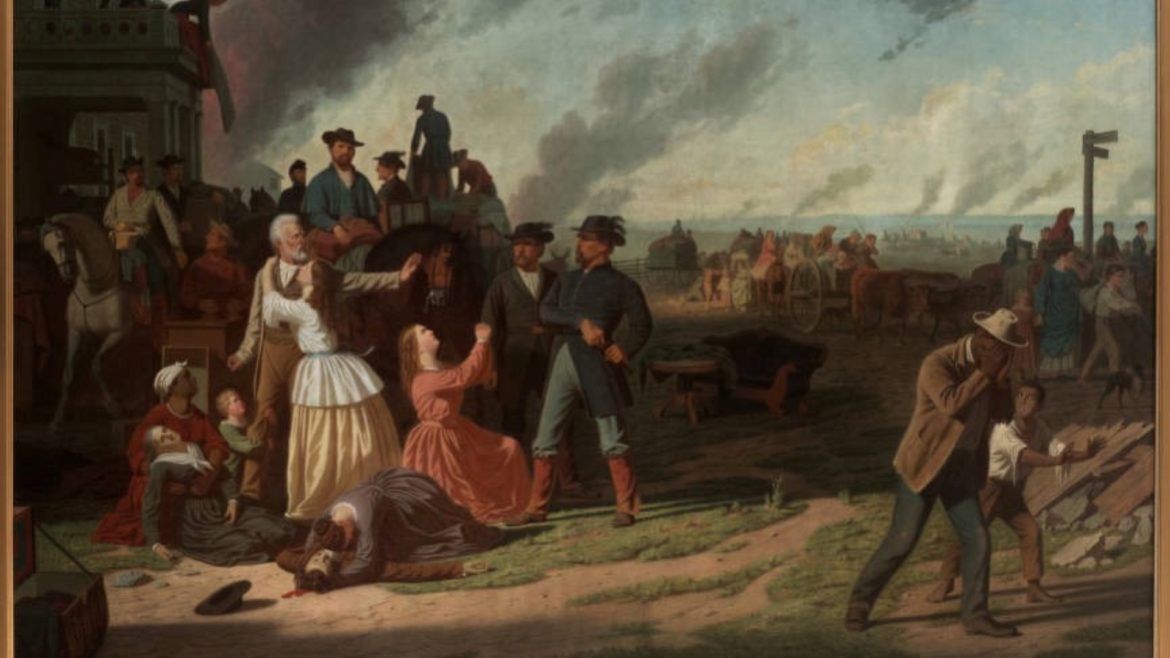 Martial Law, or Order No. 11, oil on linen, by George Caleb Bingham, 1868. The painting recalls the aftermath of the raid on Lawrence, Kansas, by Quantrill’s Confederate guerillas, when Union General Thomas Ewing authorized General Order No. 11, which forced thousands of civilians in three-and-a-half Missouri counties along the Kansas border to leave their homes.