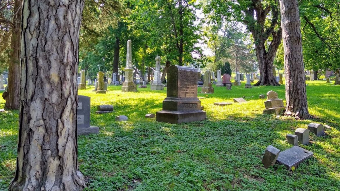 In many places within Union Cemetery, old trees allow sunlight to dapple the landscape and create a sense of peace and quiet.