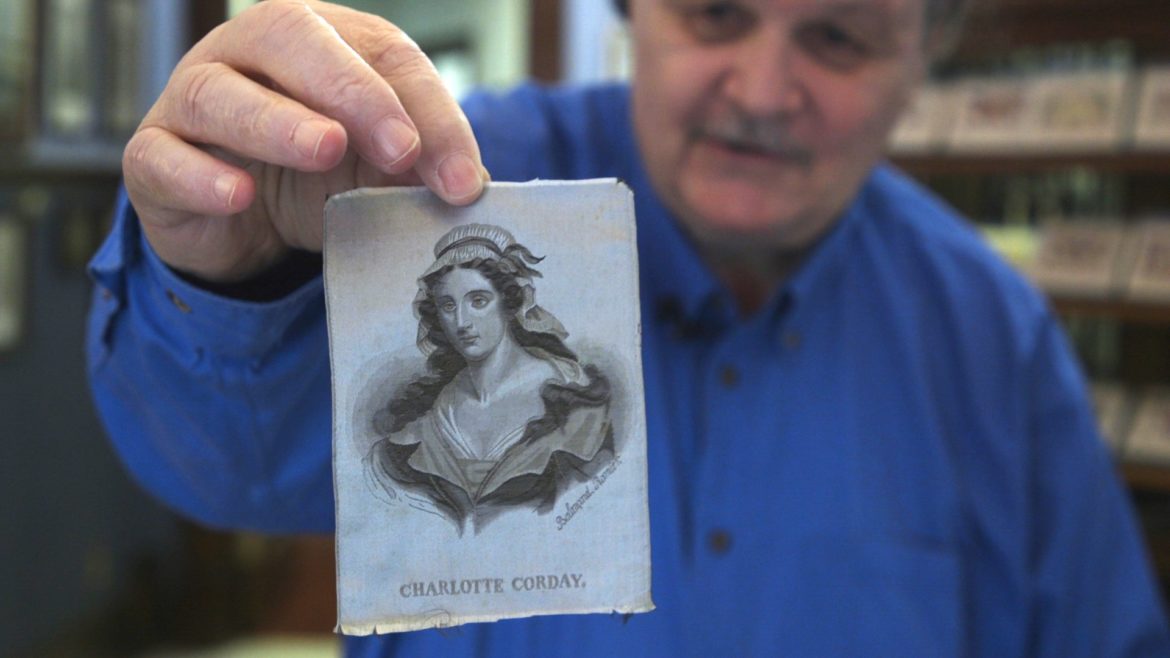 John Pottie has a story for each of the pieces in The National Silk Art Museum. This piece depicts Charlotte Corday, a French journalist who was executed on the guillotine during the French Revolution.