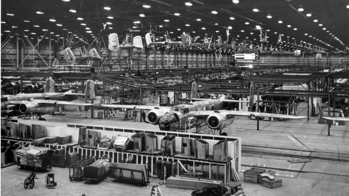 Workers at the North American Aviation plant in the Fairfax Industrial District produced 6,680 B-25s during World War II.