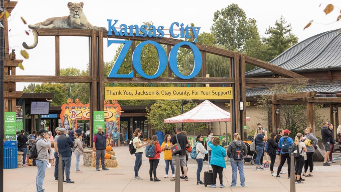 Visitors line up at the entrance of the Kansas City Zoo.