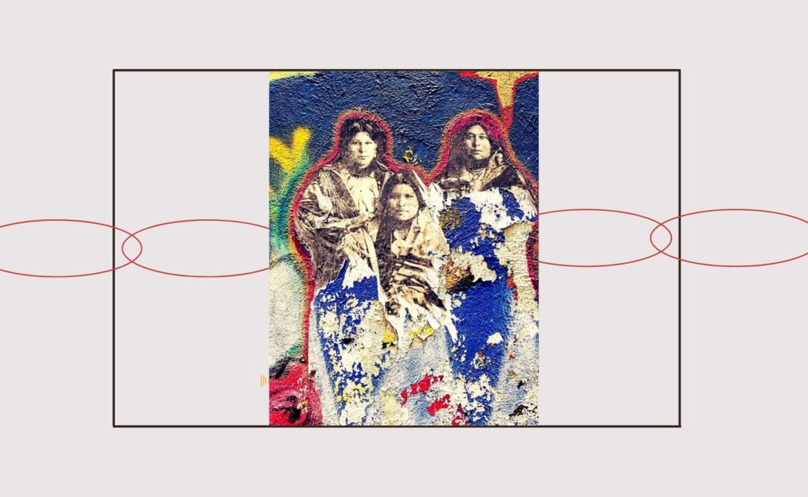 A multi-colored mural of Osage Nation members against a light pink backdrop. This story outlines the erasure of one of the many Native American nations who resided on what we now know at Kansas City.