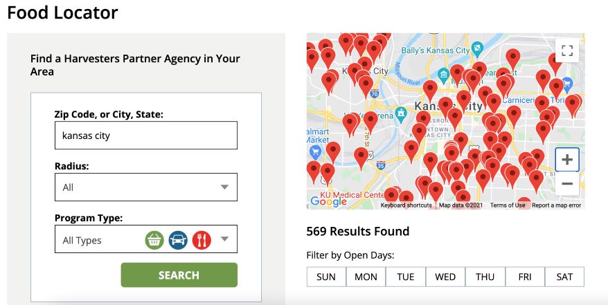 Harvesters' 'Food Locator' shows all of the affiliated pantries in the region, along their hours and services.