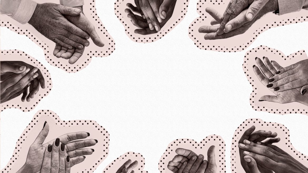 Cut-outs of various people's hands frame a canvas. This image accompanies an FAQ that anwers questions about COVID-19.