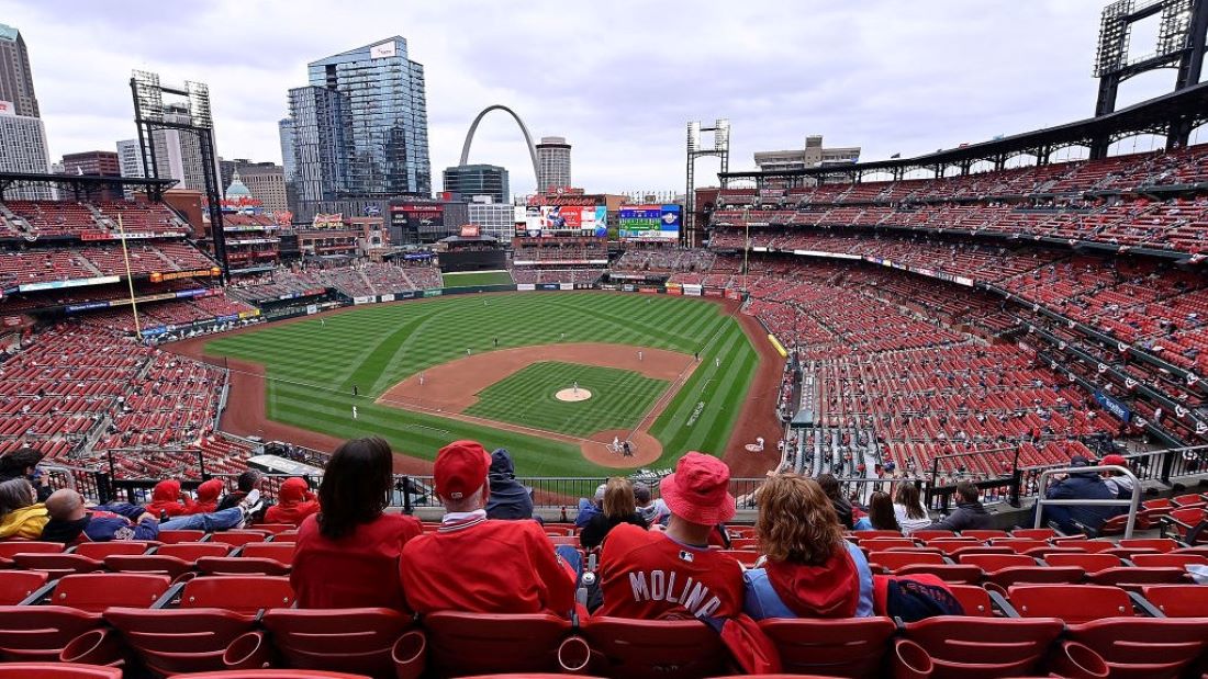 A general view of Busch Stadium as fans watch during the third inning of the Cardinals home opener against the Milwaukee Brewers on April 8, 2021 in St Louis.