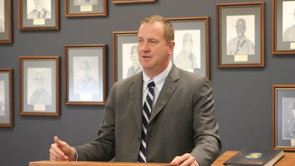 Missouri Attorney General Eric Schmitt speaks to a gathering of Missouri Highway Patrol officers in April 2021.