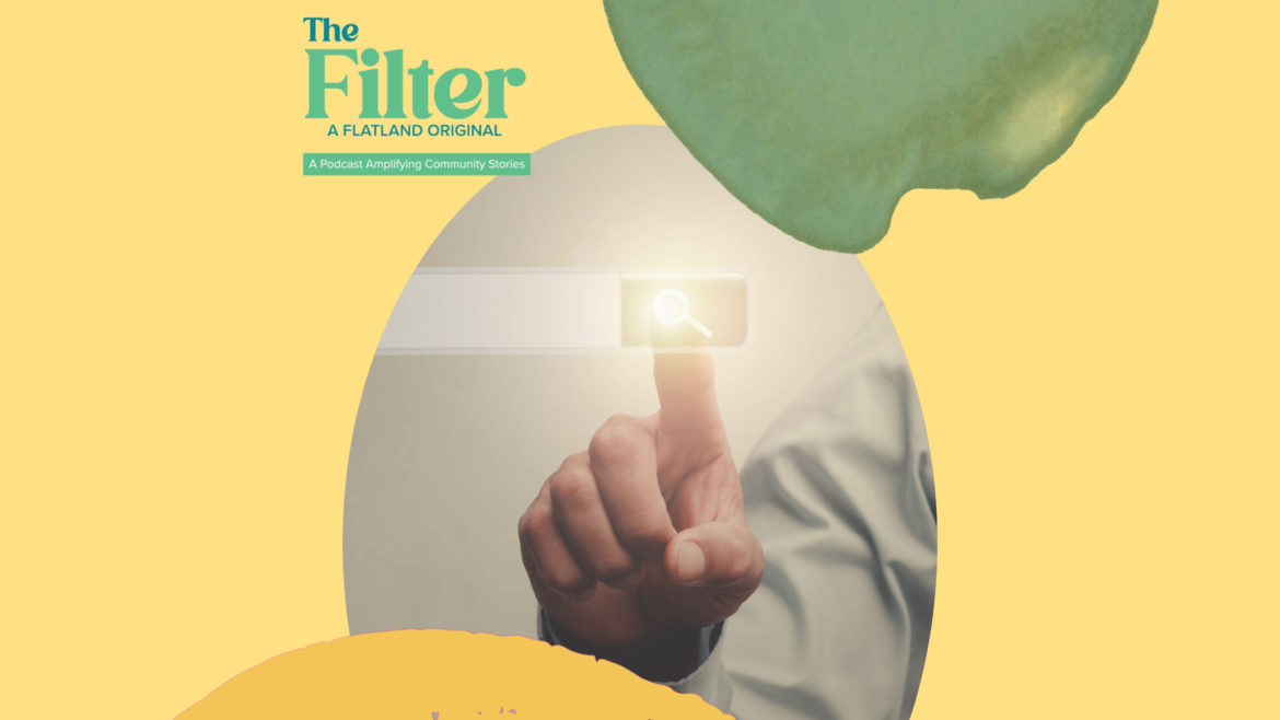 A photo illustration of a hand tapping on a search bar.