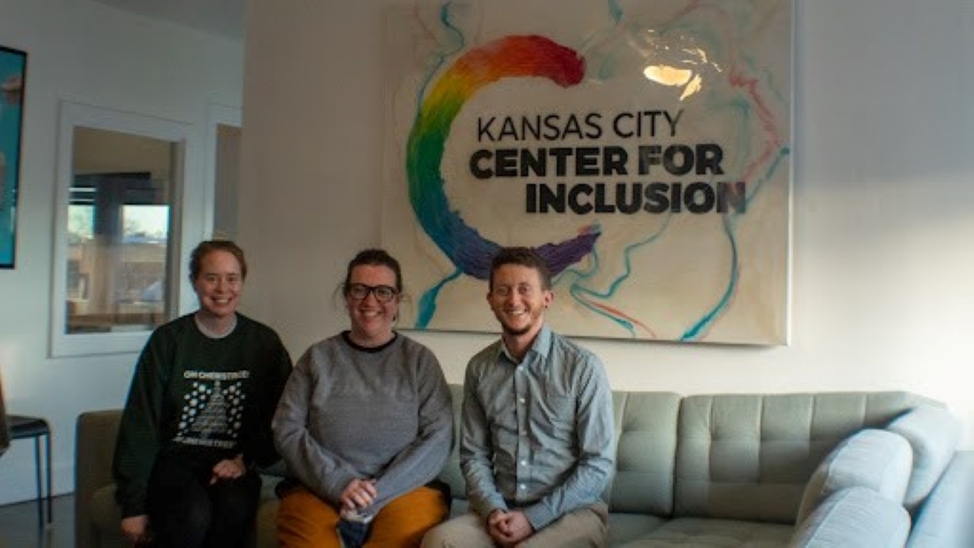 Staff members from Kansas City Center for Inclusion include: Ashley Burden (she/her), Interim Center Coordinator Emily Ferrarini (They/Them) and Vice President Riley Long (he/him).