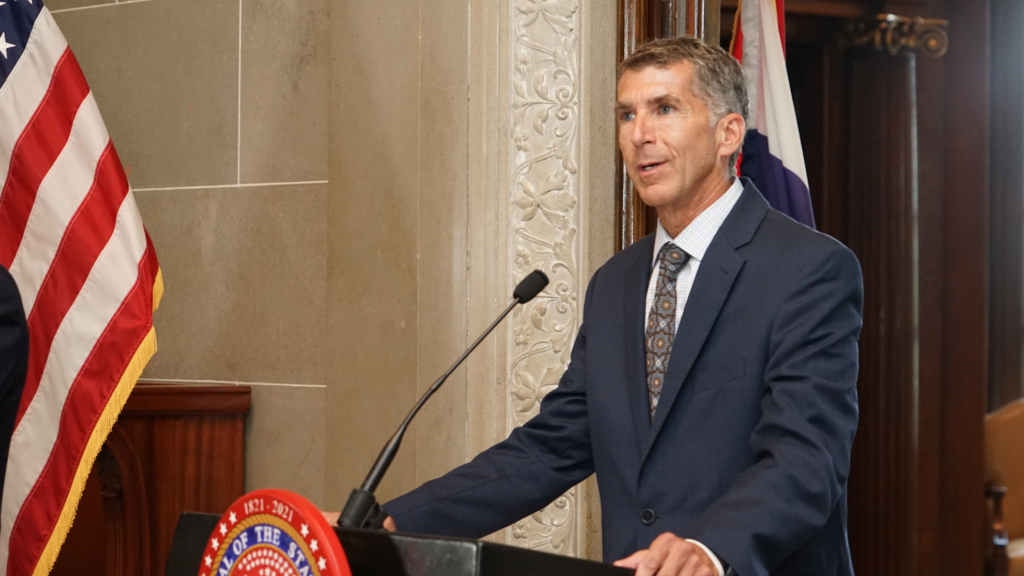 Donald Kauerauf, the director of the Department of Health and Senior Services, speaks during a press conference at the Missouri Capitol in Jefferson City on July 21, 2021