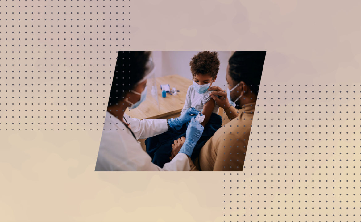 A photo of a doctor, a parent and a child getting a vaccine against a backdrop of light yellow and pink. This illustrates local doctors' urgency to get folks vaccinated during the recent COVID surge.