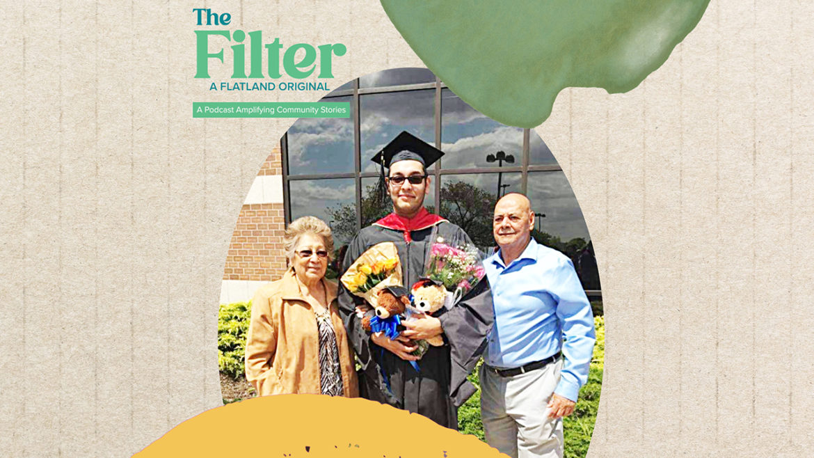 A graduate holds flowers with his grandparents flanking each side. The words "The Filter" podcast name is overlaid with yellow and green accents.