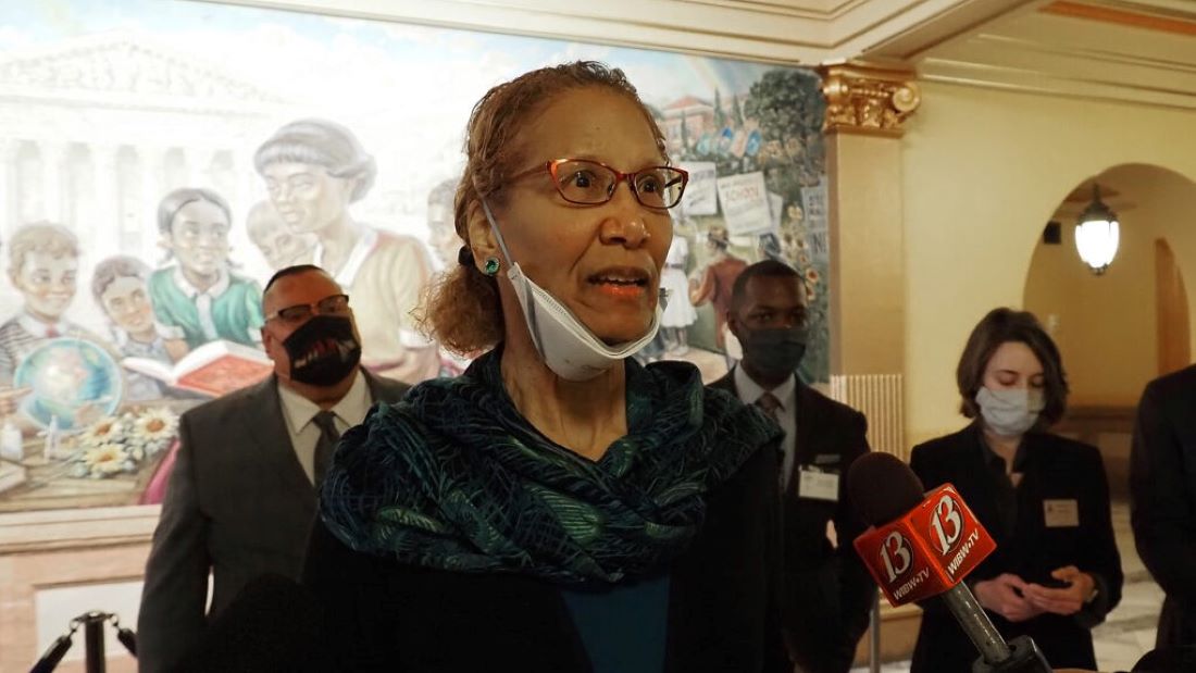 Connie Brown Collins, a Wyandotte County resident, says during a news conference Monday at the Statehouse in Topeka that lawmakers awakened a sleeping lion with their proposal to divide the Kansas City metro area between congressional districts.