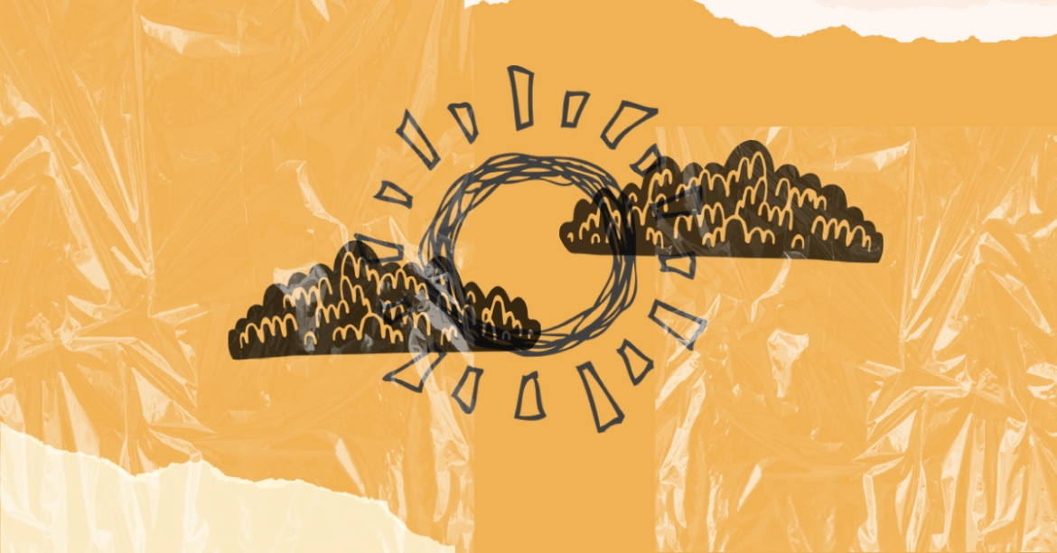 Orange background with a sketched sun covered up by clouds