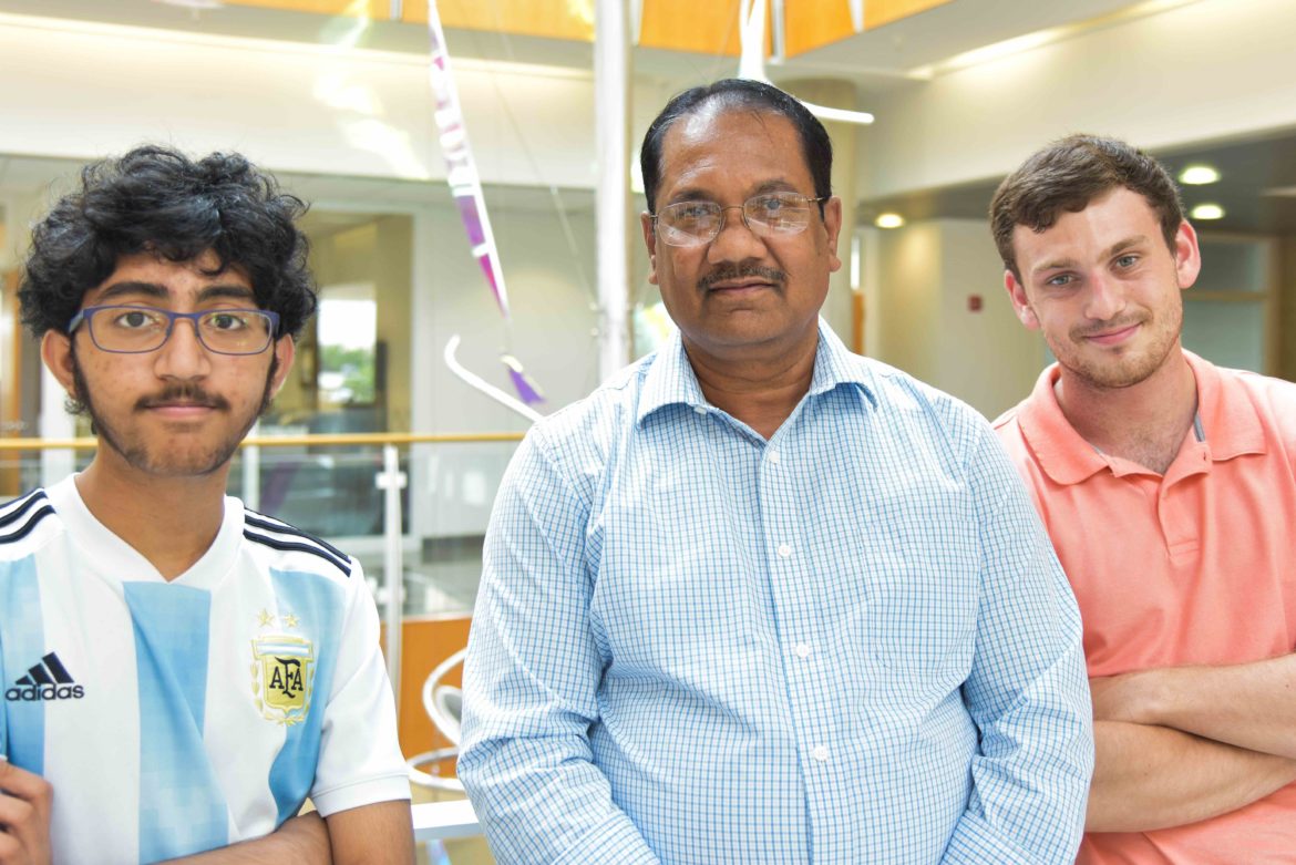 From left to right: Hickman Mills sophomore Saathvik Kannan, MU principal investigator Kamal, Singh, and MU undergraduate Austin Spratt. They're working together at Bond Life Sciences Center in Columbia to identify new SARS-CoV-2 variants. (Credit: Christopher S. Bond Life Sciences Center”)
