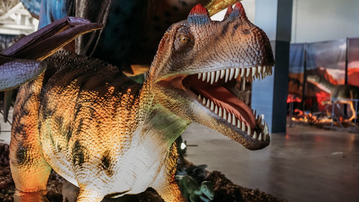 A lifesize robot dinosaur with an open mouth.