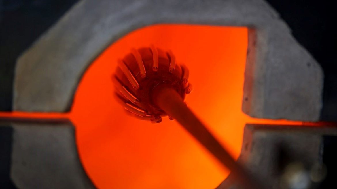 A look inside one of three Belger Glass Annex reheating furnaces, which burn at over 2,300 degrees Fahrenheit.