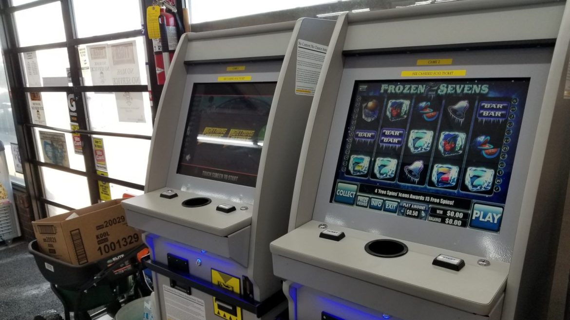 Two “no-chance” gambling machines await customers in a Columbia convenience store.