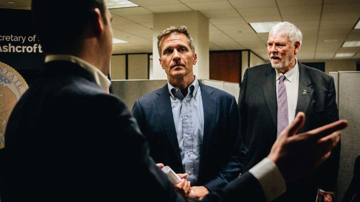 Eric Greitens is directed to a press conference with the media after filing to run in the Missouri Senate primary on Feb. 22, 2022, at the James C Kirkpatrick State Information Center in Jefferson City.