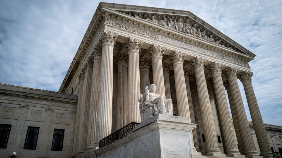 A view of the front portico of the United States Supreme Court building in Washington, D.C.