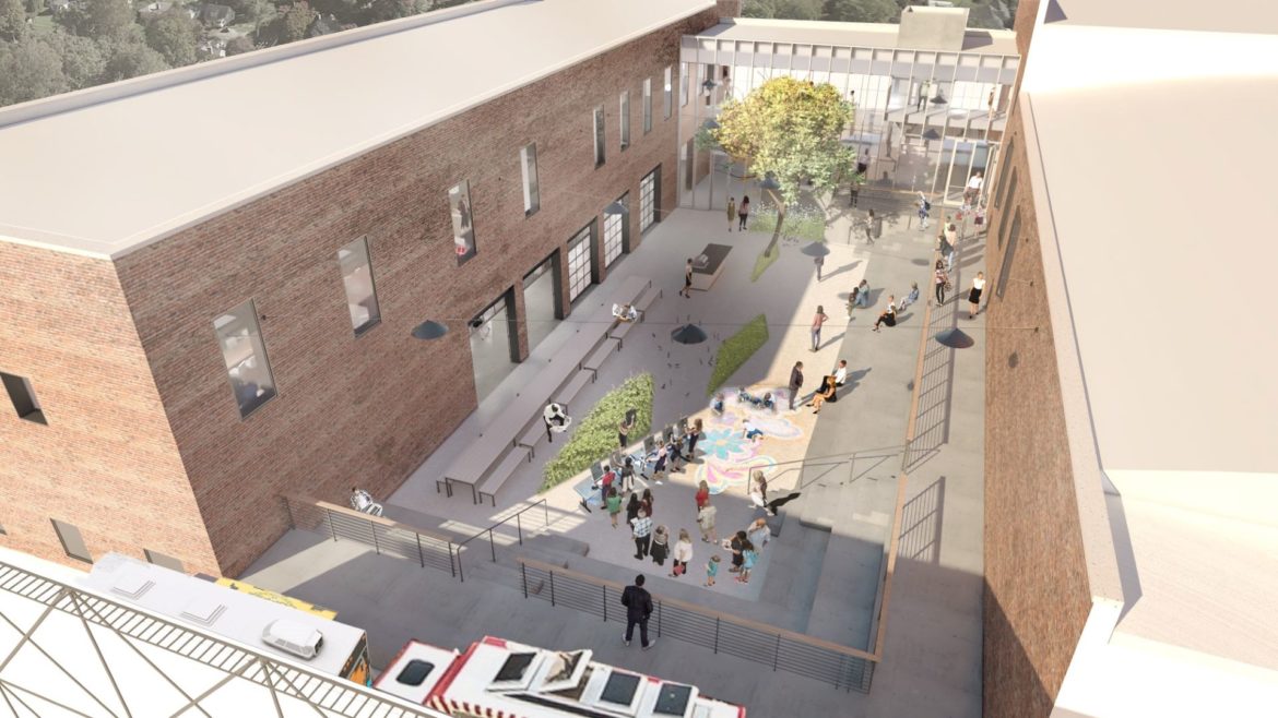 One of the existing buildings at Kansas City PBS will be demolished to make way for this open courtyard space.