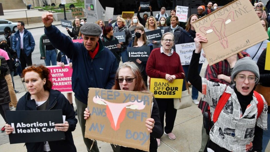 Members of the crowd chant during a rally at the Jackson County Courthouse in Kansas City where protesters gathered after the leaked Supreme Court draft opinion by the U.S. Supreme Court indicating the landmark Roe v. Wade decision will be overturned.