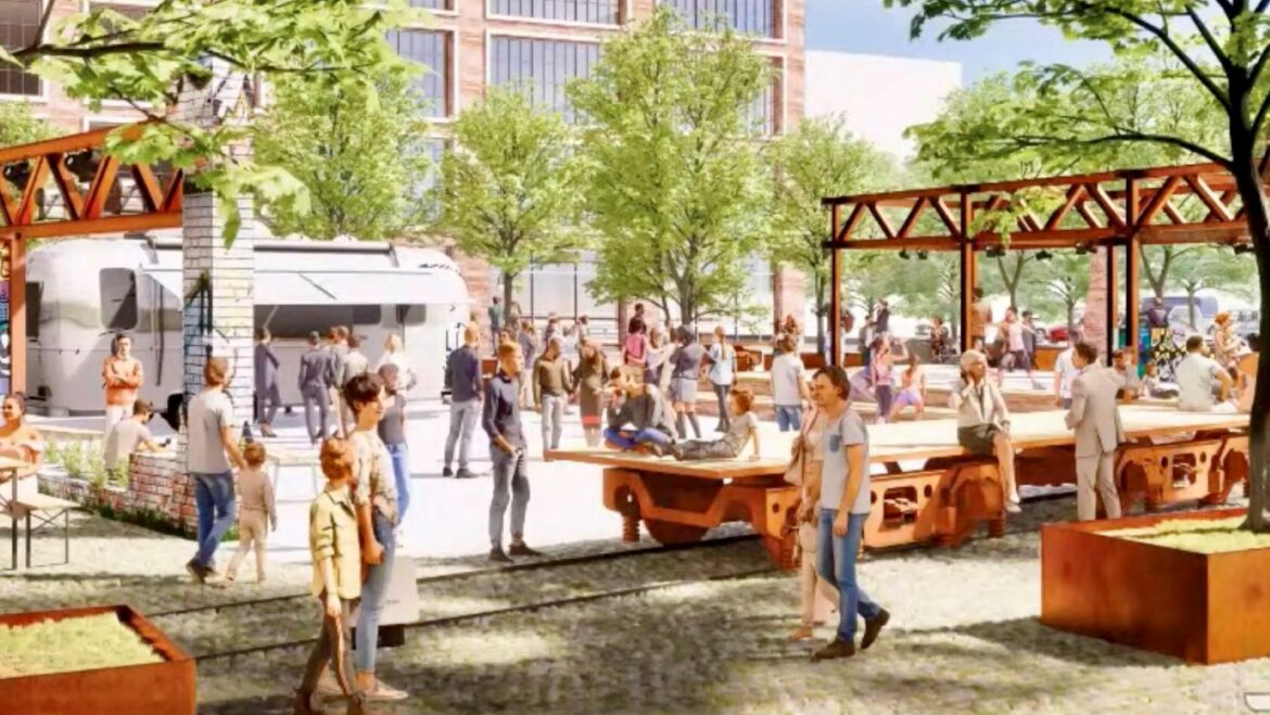A conceptual rendering of a street scene in a part of the SomeraRoad plan for a six-block section of the West Bottoms.