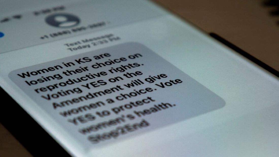 Democrats in Kansas received this unsolicited text message on Monday, which falsely claims that a “yes” vote protects reproductive rights.