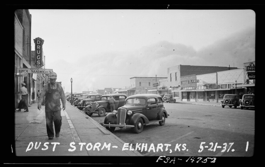 A dust storm approaches the southwest Kansas town of Elkhart during the Dust Bowl in 1937.