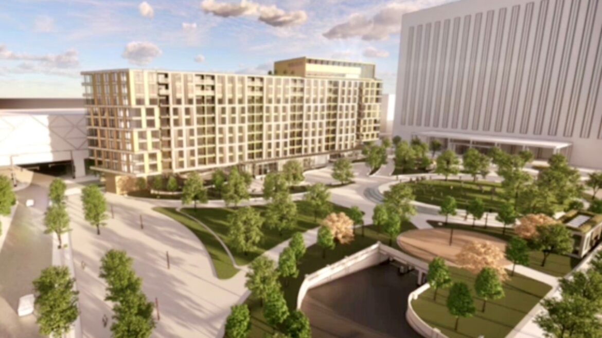A rendering of the proposed 10-story, 226-unit apartment project proposed by Development Collaborative. with a redeveloped Barney Allis Plaza in the foreground.