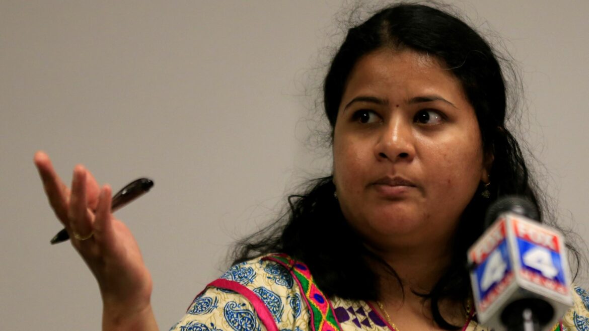 Sunayana Dumala talks about her late husband, Srinivas Kuchibhotla, during a news conference at Garmin headquarters in Olathe, Kansas, Friday, Feb. 24, 2017.