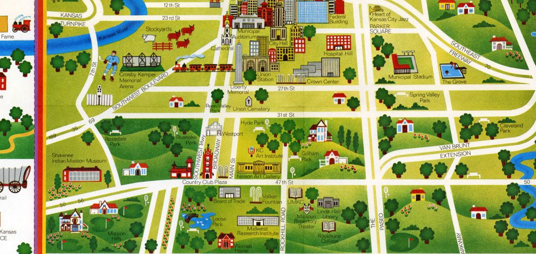 This 1973 Hallmark illustrative guide highlights a few of the city's key points and major districts of the time. (Missouri Valley Room Special Collections)