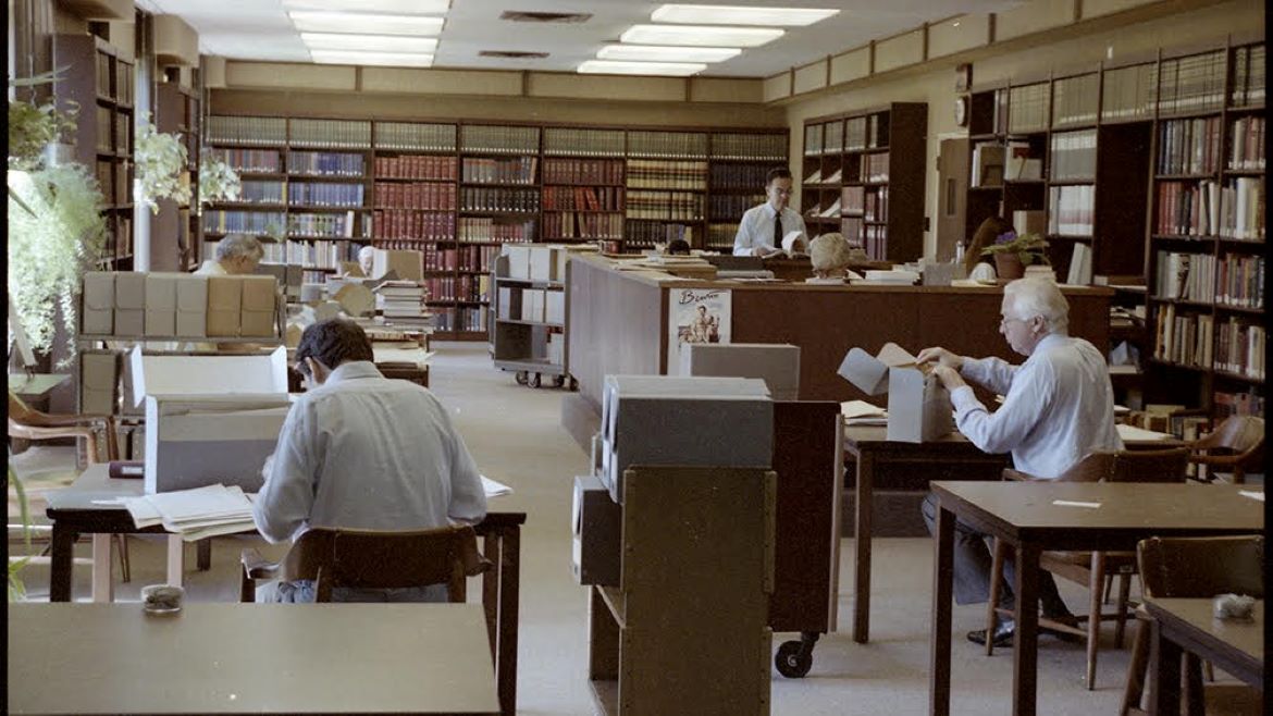 David McCullough (at right), when not in the Truman Library research room, would seek out then-living Harry Truman contemporaries across the Kansas City area for interviews.