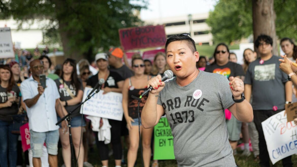 State Rep. Emily Weber, who is running unopposed for reelection in 2022, speaks at a rally after Missouri's HB 126 went into effect.