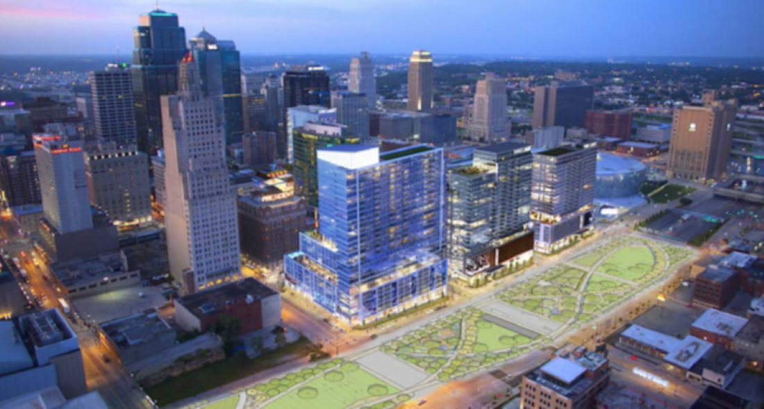 Rendering of a park above the South Loop with the downtown skyline in the background.