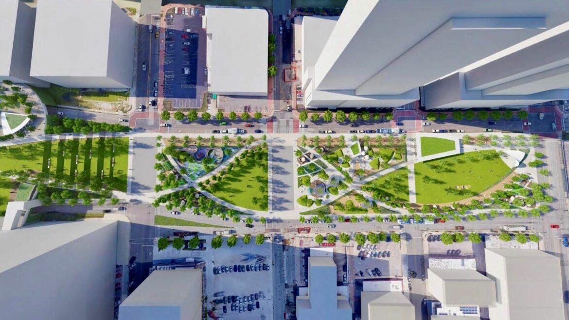 Aerial view of a conceptual rendering of the South Loop Link Park.