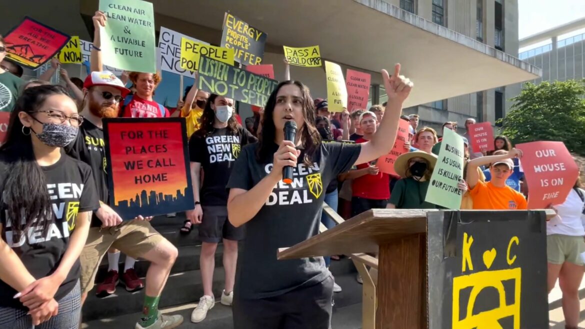 Local climate activist Laela Zaidi gives a speech at a Sunrise Movement KC rally.