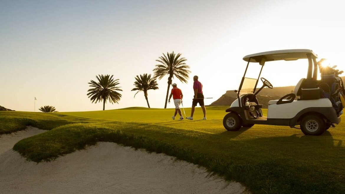 Golfers with palm trees in the background.