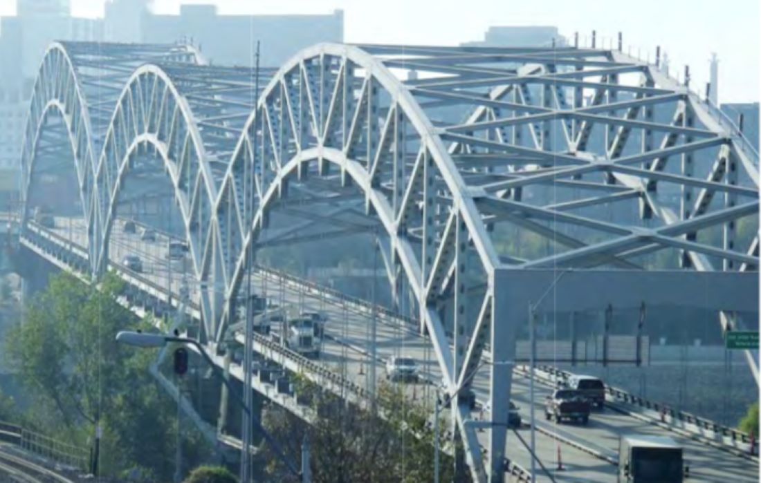 Aerial view looking south at the Buck O'Neil Bridge.