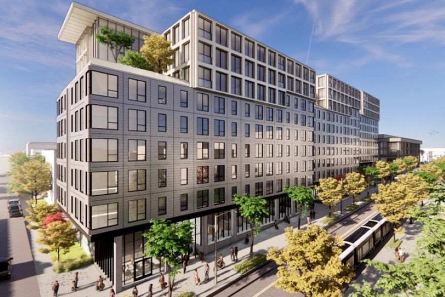 The Mac "1 W. Armour" proposal looking northwest along Main Street with the proposed segmented apartment building in the foreground.