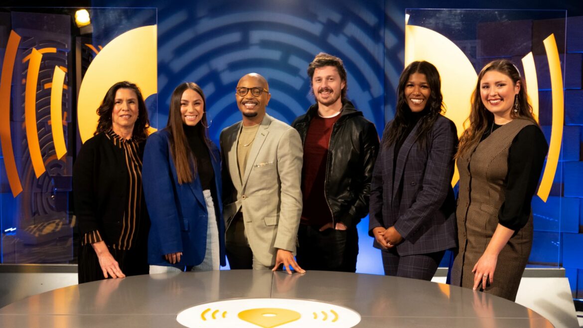 Flatland reporters, producers and host Mary Sanchez, Vicky-Diaz Camacho, D. Rashaan Gilmore, Cody Boston, Catherine Hoffman and Cami Koons on the set at Kansas City PBS.