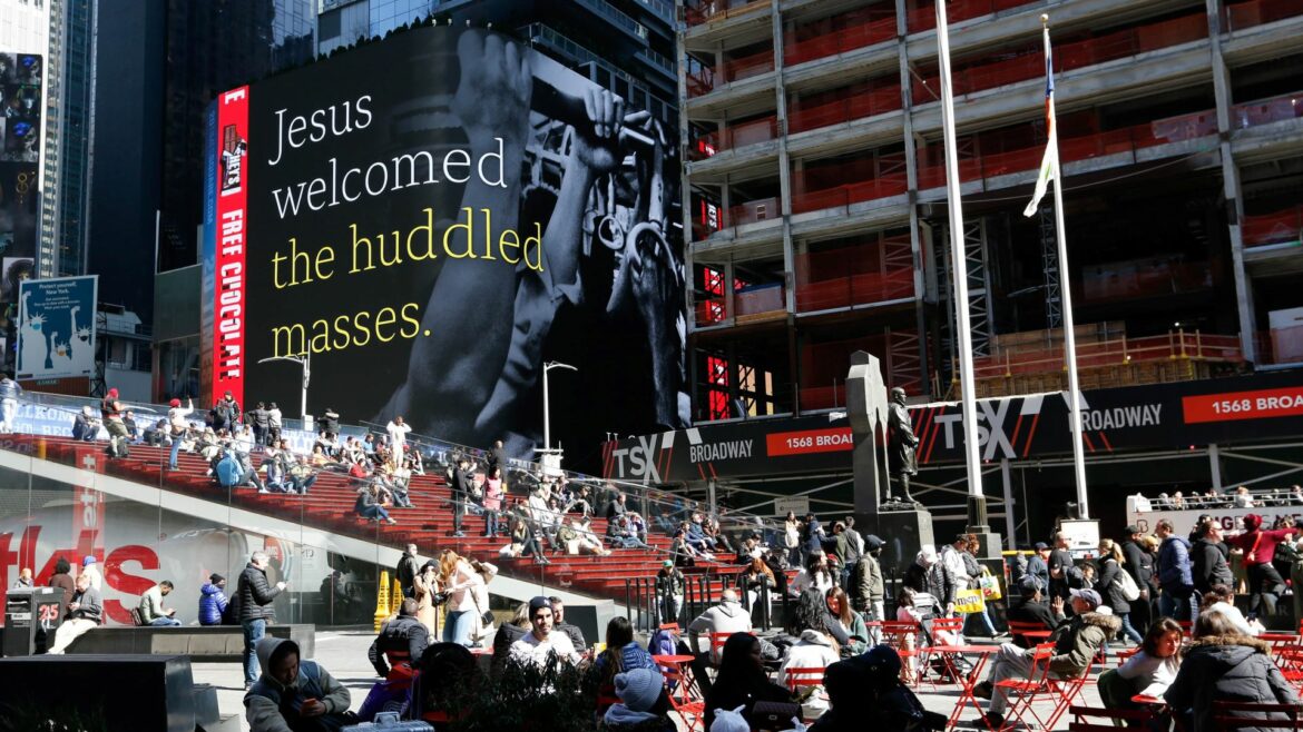 "He Gets Us" campaign messaging at a public venue.