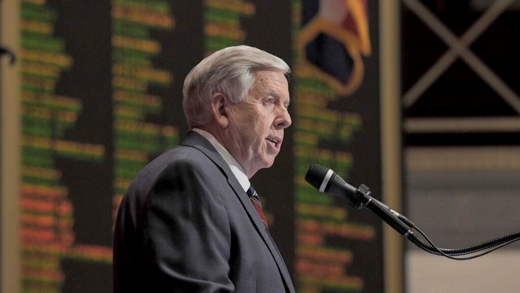Missouri Gov. Mike Parson delivers a speech.