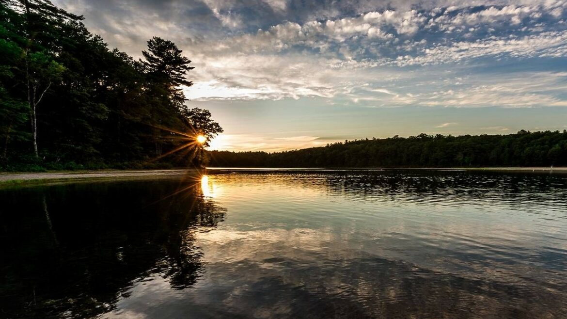 Walden Pond at sunset in Concord, Massachusetts.