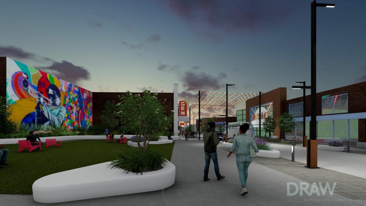 The new 18th and Vine Pedestrian District will remove curbs and smooth 18th Street to become a seamless corridor with wide sidewalks and two lanes of traffic.