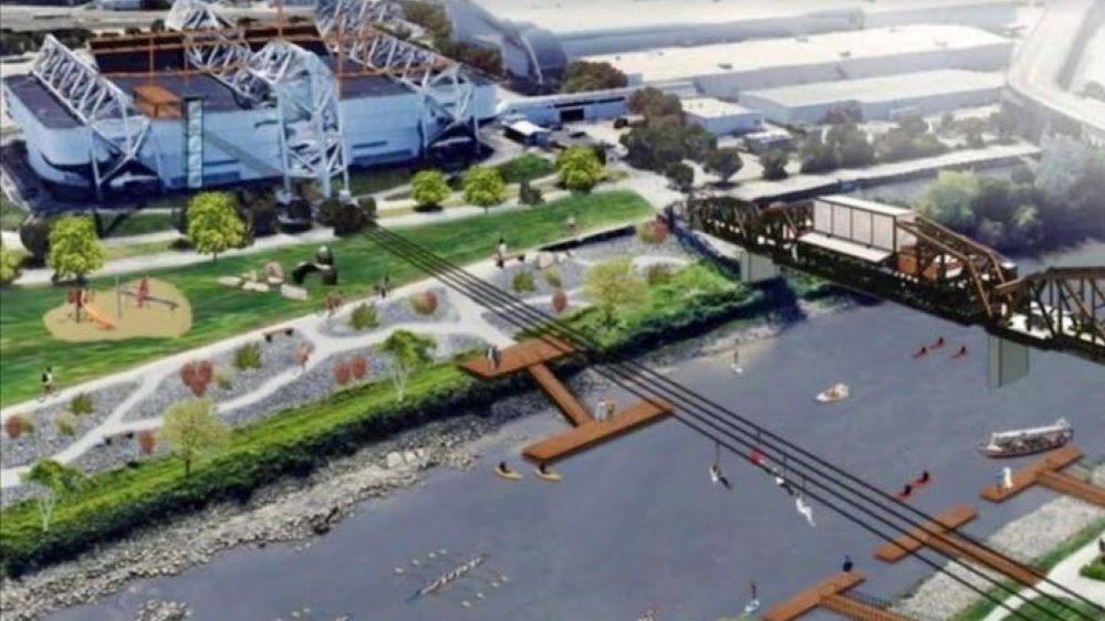 Plans for an aerial park using the "space frame" supporting the Hy-Vee Arena roof include ziplines extending over the Kaw River and a harness course utilizing the frame.