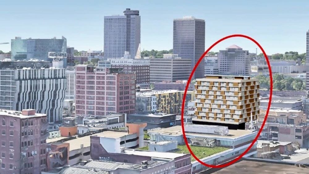 An aerial view of the proposed 12-story 1818 Main project looking south.