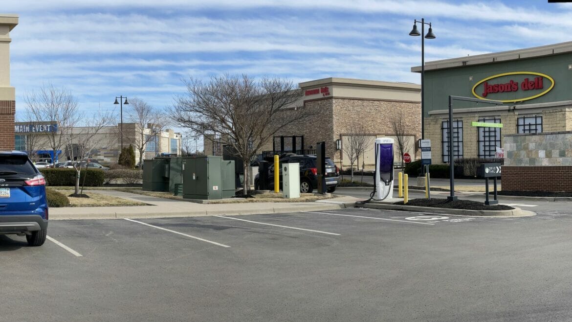 A HiON Network EV fast charger at Starbucks, 16521 W. 119th St., Olathe, Kansas.